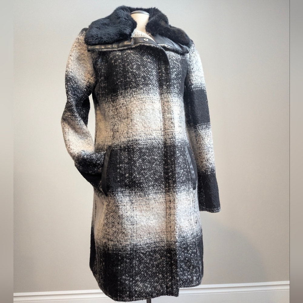 Black Grey Plaid Wool Coat Faux Fur Collar Long Jacket Assymetrical Warm Goth